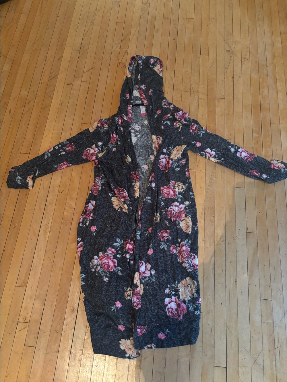 Floral Hooded Long Cardigan - Dark Gray with Pink Roses